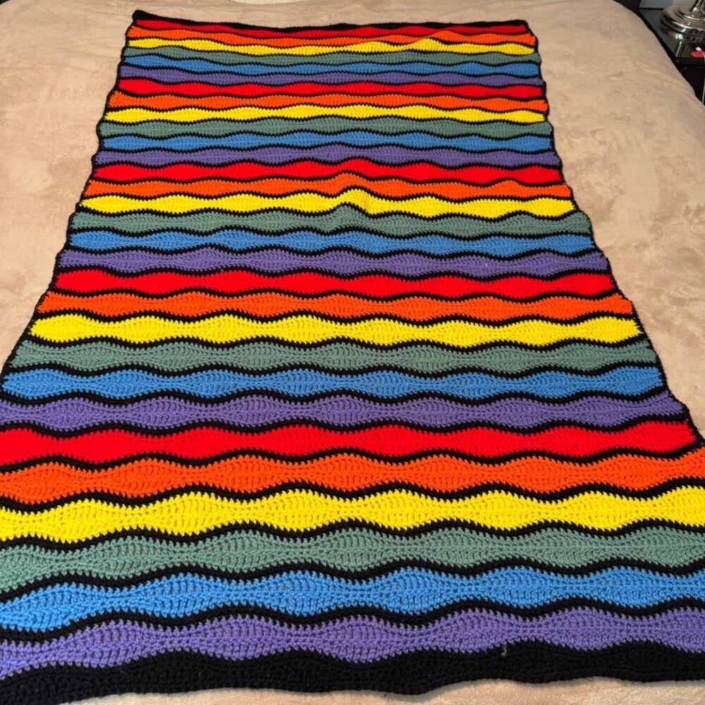 Crochet afghan throw Rainbow blanket wavy crazy pattern boho bohemian vibrant co
